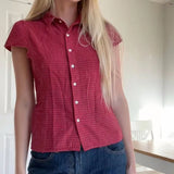 Preppy Vintage Gingham T Shirt Women Y2k Short Sleeve Button Up Shirt 90s Coquette V Neck Slim Fitted Blouse Casual Crop Tops