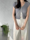 Pbong  Korean  Cropped Cardigan Women Clothing Short Sleeve V-neck Solid Top Fashion Single Breasted Split Knitting Sweater