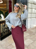 Autumn Winter Burgundy Satin Skirt Women Party Silk Skirt High Waist Straight Long Faldas Mujer Christmas Skirt