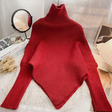 Asymmetric Knit Poncho Sweater for Women Soft Rib-knit Turtleneck Long Sleeve Pullovers Female Tops Autumn Winter Casual Outfit