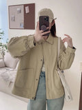 Fall Women Cargo Jacket Loose Preppy Style Long Sleeve Vintage Coat Casual Big Pockets American Retro Solid Bf Outwear Tops
