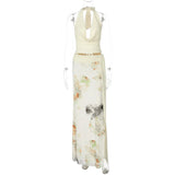 Mesh Print Skirt Two Piece Sets Women Halter Backless Tank Tops And Maxi Skirt Female Slim Summer Split Dress Sets