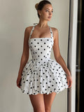 Halter Print Polka Dot Mini Dress Women Fashion Off-shoulder Sleeveless Backless High Waist A-line Club Party Dress