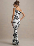 Leopard Print Incline Shoulder Sexy Maxi Dress Women Fashion Irregular Sleeveless Backless Club Party Long Dress