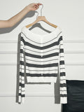 Long Sleeve Off Shoulder Stripe Knit Top for Women Button Front Off-the-Shoulder T-shirt Teen-girl Y2K Clothing
