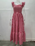 Pleate Loose Retro Sleeveless Checkere Dress Summer Fashion Women's Bohemian Casual Large Hem Dress Slip Dress Beach Sundress