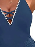 2025 Women's  Beach Swimwear Contrast Scalloped Embroidery Trim Cinched Crisscross One-piece Swimsuit