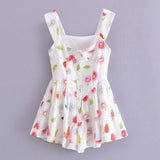 Pbong  Summer U Collar White Print Flower Sleeveless Bodysuits Women Ruched Ruffles Hem Skirt-shorts Jumpsuit Tank Romper Overalls