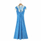 Pbong  Women Retro French Style Blue Polka Dot Spliced Lace Bow V neck Short Sleeve Dress Summer Maxi Long Dresses Robe Femme Vestidos