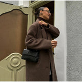 Women Elegant Shoulder Pad Wool Blend Overcoat Brown Lapel Single-breasted Long Sleeve Coat 2025 Autumn Lady Commuter Outerwear