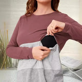 Pbong  Pregnant Women's Soft and Comfortable Round Neck T-shirt Trendy Loose Breastfeeding Striped Color Blocked Long Sleeved Top