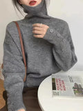 Turtleneck Sweater with Buttons Decor Funnel Neck Pullovers Grey Jumper for Women Ladies Cosy Autumn Winter Casual Outfit