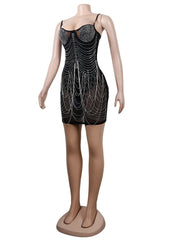 Sparkle Black Rhinestone Fringe Bodysuit Mini Dresses Women Summer Glam Mesh Sequins Short Party Dress Birthday Outfits