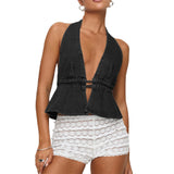 Pbong  Women's Y2K Summer Halter Neck Crop Tops Bow Tie-up Sleeveless Deep V-Neck Backless Solid Color Denim Flare Vest