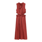 Satin Hollow Out Kink Long Dress Round Neck Sleevelss Party Dress For Summer Elegant Chic Vestidos Woman Clothing