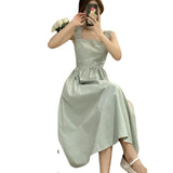Summer Women's Square Collar Halter Dress Small Size Design Slimming Waistline Elegant Skirt Sweet Style Midi Dress