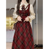Pbong  Single Piece School Style Japanese Plaid Strap Dress Women Student Waist Cinching Slimming Midi Length Overalls Skirt Set
