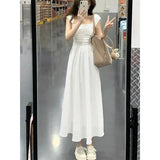 White Vacation Style Dress Women's Gentle Waist Drawstring Splice Fake Two-Piece Small Flying Sleeve Strap Long Dress