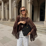 Pbong  Chiffon Loose Shirt For Women Sexy See-Through Ruffles Sleeve Blouse New Summer Chic Fashion Solid Casual Round Neck Shirts