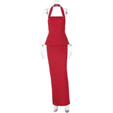 Backless Sexy 2 Piece Sets Women Solid Square Collar Halter Tops And Long Skirt Female Slim Fit Club Two Piece Sets