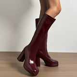 Pbong  Wine Red Patent Boots Boots Women Sexy Square Toe Tube Long Boots Woman Platform Super High Heel Botas Mujer