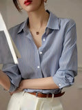 Pbong  Elegant Long Sleeve Loose Shirt Women  Autumn Fashion Turn-down Collar Striped Print Blouses And Tops