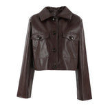 Pbong  New Autumn Fashion PU Leather Jacket Women's Lapel Single-Breasted Stitching Brown Coat Cool Style Commuter Clothing