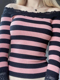 Pbong  Women Long Sleeve Knit Tops Off-Shoulder Striped Casual Pullovers Sweater Fall Shirts  Y2K Aesthetic Clothes Streetwear
