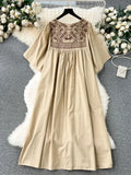 Pbong  Summer New Vestidos Para Mujer Lace Up Embroidery Pleated Patchwork Short Sleeve Dress Vintage Casual Loose Women Clothing