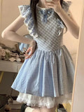Pbong  Cute Sweet Blue Plaid Dress Women Elegant 3D Floral Flying Sleeve Mini Dress Japan Vintage Slim Kawaii Lace Patchwork Dress