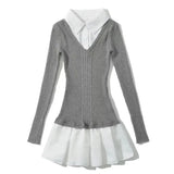 Turn Down Collar Pleat Short Dress Fashion Chic A-line Knitting Women Dress Cotton Blend Student School Dress Academic Style