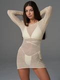 Thin Transparent Knit Tight Short Dress Sexy Backless Bikini Swimsui Cover-ups 2025 New Long Sleeve O-neck Sheer Summer Dress