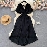 Pbong  Chiffon Solid Bohemian Maxi Dress Sexy Backless Bandage Vacation Outfits Summer Dress Elegant Two Layers Party Vestidos