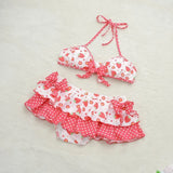 Pbong  Japanese Sweet Kawaii Summer Beach 2 Piece Sets Y2k Aesthetic Fashion Fruit Print Ruffle Bikinis Set Bow Appliques Punk Clothes