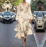 Pbong  Sexy Casual Floral Print Dress High Collar Full Sleeve Knee Length Polyester Fiber Independent Station Cross Border Dress