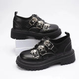 Pbong  Designed New British Lace-up Platform Single Shoes with Heightened Metal Buckle Small Leather Shoes