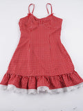 Pbong  Y2k Sexy Summer Plaid Lace Patchwork Contrast Color Bow Sleeveless Ruffles Dresses