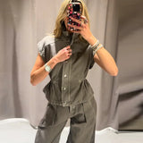 Pbong  Denim High Neck Vest & Wide-Leg Pants Set Sleeveless Elastic Waist Top Pleated Trousers Spring Fashion Chic Edgy Women Suit