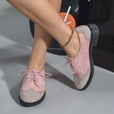 Pbong  High Quality Pink Low Heels Shoes Women Round Toe Patchwork Lace-up Designer Loafers Comfortable Oxford Ladies Shoes
