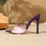 Pbong  Summer Fashion Metal Decoration Pointed Toe Slippers Women Thin Heels Stripper Banquet Shoes