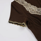 Pbong  Women's Vintage Style Short Sleeves T-shirts Slimming Brown V-Neck Lace Patchwork Casual Tops Summer All Match Clothes Fashion