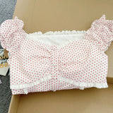 2000s French Elegant Polka Dot Short Sleeve T Shirts Y2k Summer Harajuku Vintage Sweet Slim Tees Japanese Style Kawaii Tops Chic