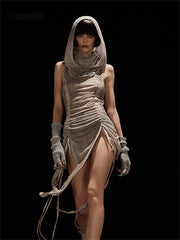 Sexy Vintage Mini Dress Off Shoulder Sleeveless Hooded Draw String Ruched  High Split Khaki Summer Slim Vestido