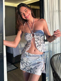 Sexy 2-Piece Set Women Flowers Print Halter Placket Ring Decoration Tops+Lace-Up Splits Skirts Beach Party Matching Suit
