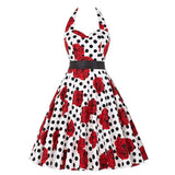 Summer Vintage Hepburn Style Dress Embroidered Neck Hanging Print High Waist Cotton No Sleeve Full Skirt Length A-Line Dress