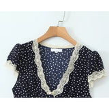 Pbong  Women Navy Blue Polka Dot Long Dress Lace Trim V Neck Short Sleeve A-line Elegant Holiday Dresses Summe Maxi Robe