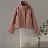 Solid High Neck Double Button Topcoat Dropped Shoulder Loose 2025 Autumn Short Elegant Jacket Women Urban Casual Lady Outerwear