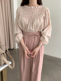 Pbong  Pink Blouse for Women Slash Neck Loose Pleated Shirts All Match Fashion Sweet Vintage Blouses Autumn Tops