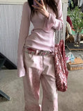 Pink Vintage Leopard Women Jeans Wide Leg American Retro Denim Pants Baggy High Waist Animal Print Trousers Gyaru New