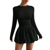 Pbong  New Autumn And Winter Women Slim Long-Sleeve Dress Round Neck Puffy Dress Solid Color Black Fashion Elegant Dress
